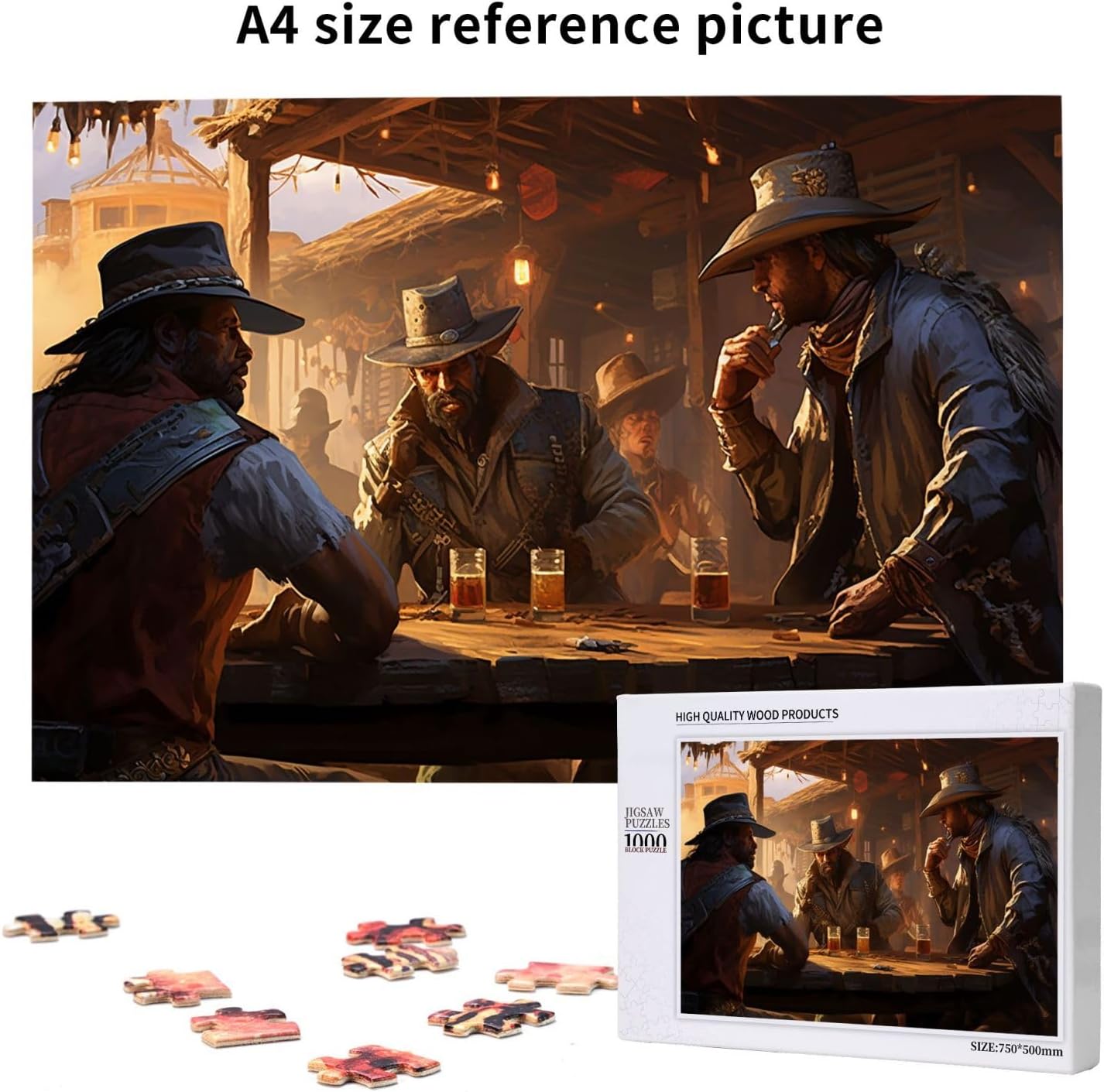 Liorosa 1000 piece jigsaw puzzle for adults - wild west saloon scene with cowboys drinking together,vintage western wooden puzzles for adult,pieces fit together perfectly,gift for friend