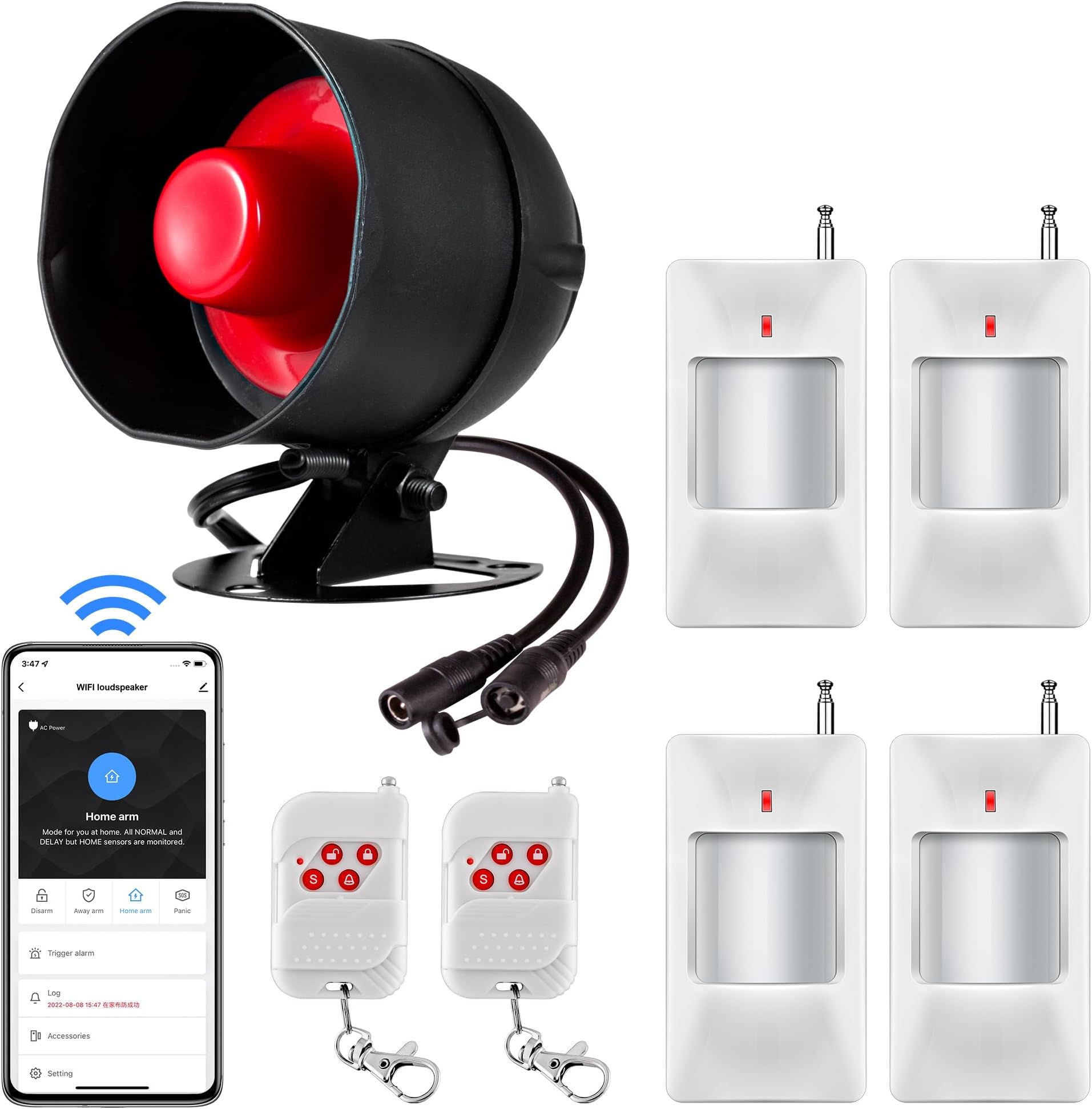 WiFi Alarm Home Security System, 120dB Alarm System with Motion Sensor and Remote Control, Home Alarm System for Shed Garage Alarm