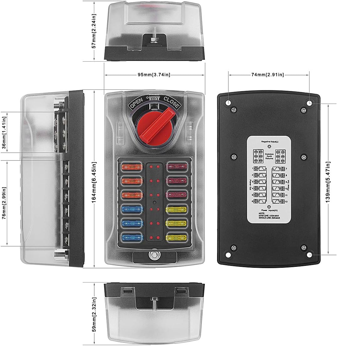Jtron 12 Way Fuse Holder Box 12-32V with LED Warning Indicator Light Moisture-Proof Cover - with Negative Busbar Bracket, Suitable for Ships, Cars and Trucks, with 5A 10A 15A 20A 25A Blade Fuse