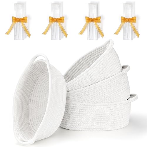 Paquete de 4 canastas pequeñas tejidas con asas, todas de 12 x 8 x 5 pulgadas, cesta de almacenamiento de cuerda de algodón, juguetes para gatos,