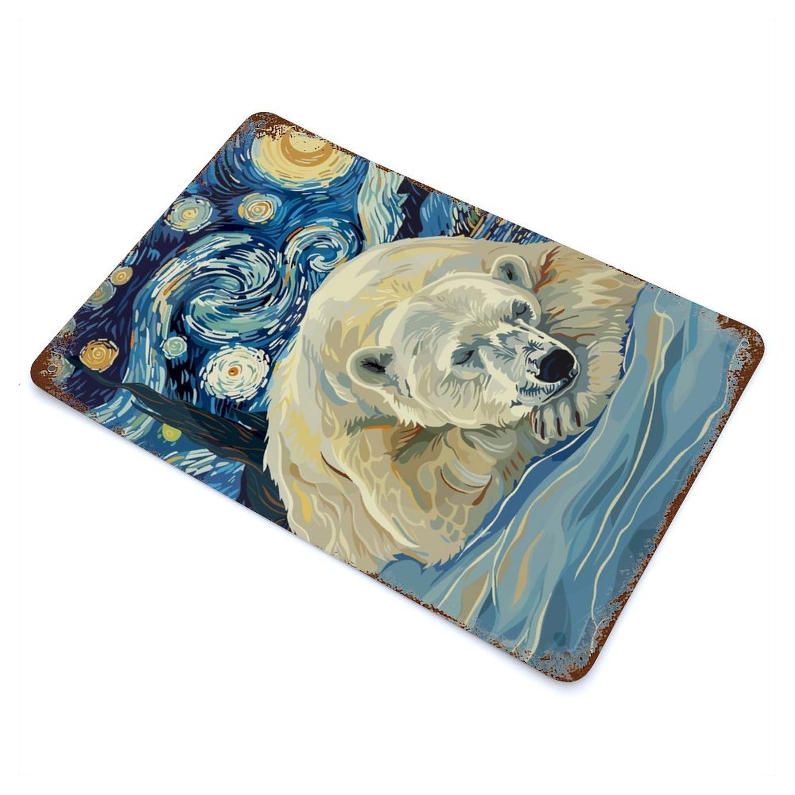 Polar Bear Starry Night Art Decorative Tin Sign 11.8"x7.9", Retro Wall Decor for Living Room, Hallway And Home Decor