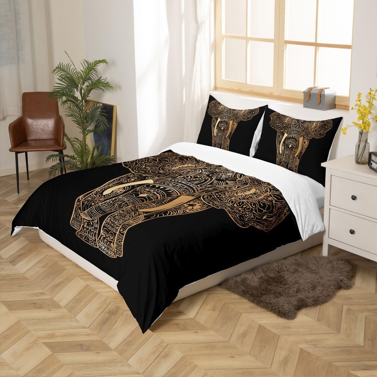 Feelyou Bohemia Boho Duvet Cover Set Queen for Girls Women 3D Gold Elephant Comforter Cover Set Africa Wild Animal Bedding Set Black Golden Bedspread Cover with 2 Pillow Shams Microfiber Zipper