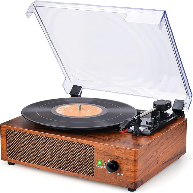Vinyl Record Player with Built-in Speakers Vintage Wireless Turntable Support 3-Speed Headphone RCA Line Out AUX Input Wooden Yellow