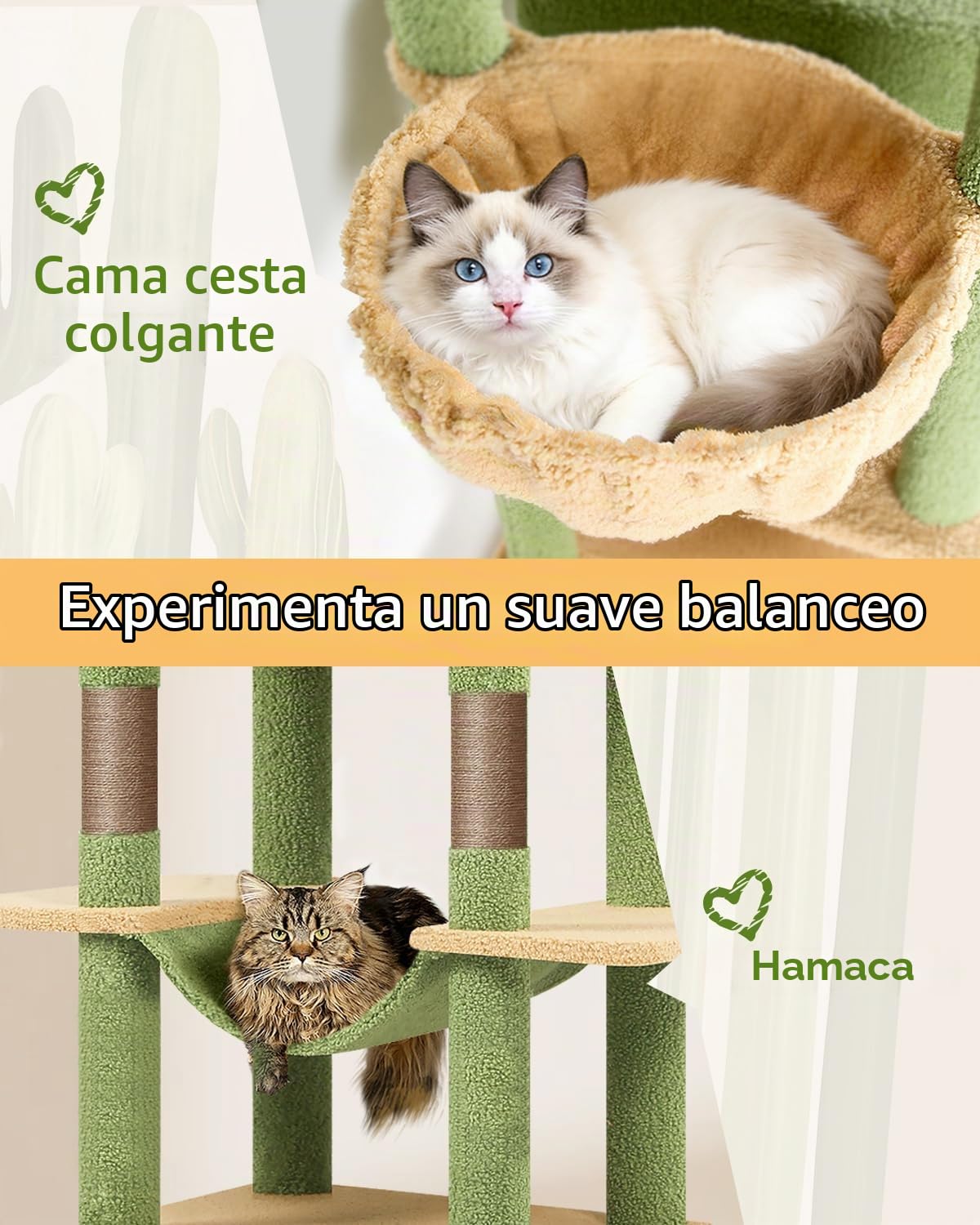 Globlazer Árbol Rascador Cactus Verde para Gatos XXL 204 cm Alto con 2 Grande Nidos 50*30*30CM, 2 Acolchada Plataforma, Hamaca, Cesta, Juguetes, Estable Rascador para 3-5 Gatos Adultos (S80B, Verde)