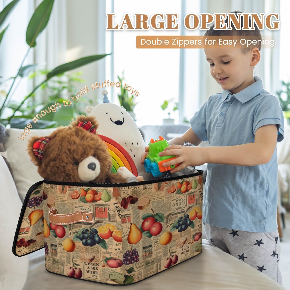 Storage Bin Set of 2 Newspaper Fruits Storage Basket with Zipper Lid & Handle Foldable Closet Shelf 2 Pack Cloth Organizer Basket Cube Bins Clothes Organizer for Bedroom, Nursery