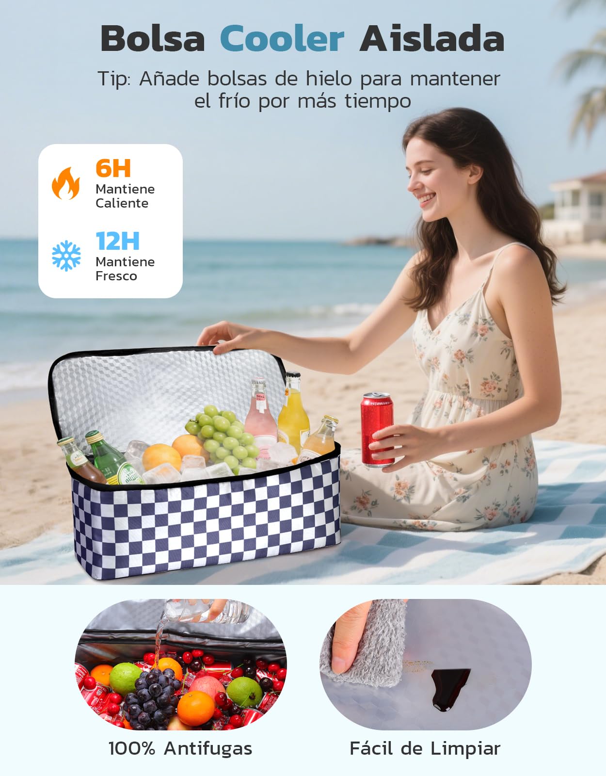 ISEYOU Bolsa Playa con Nevera Separada, Bolsas de Playa Hidrófugo con Compartimento Húmedo, Bolso Grande XXL Familiar Con Cremallera, Plegable, 8 Bolsillos, Adecuada para Piscina, Picnic y Compras