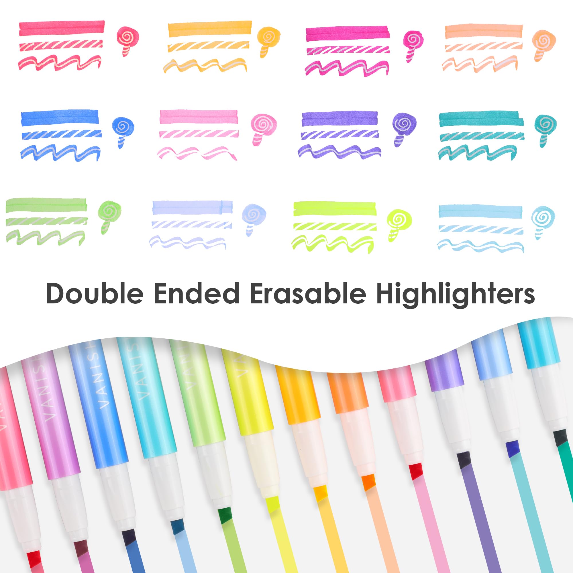HANKU Erasable Highlighters, Dual Tip 10 Pack Highlighters Assorted Colors Erasable, Smooth Writing Book Journaling No Bleeding Highlighter Pens for Bible Journal Planner: 12 Colors