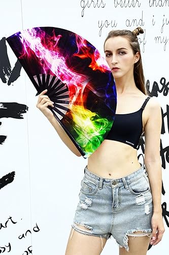 Miniatura 2 de Amajiji Ventilador plegable grande para mujereshombres, ventilador plegable de mano de bambú chino y tela de nailon, ventilador plegable de mano,