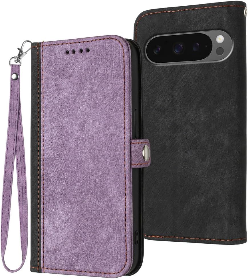 Leather Case for Google Pixel 10ProXL/10 Pro/10,Heavy Duty Protection Stylish Colorblock Wallet Folio Flip Full Protection Cover with Wrist Strap Phone Case(Purple,10PROXL)