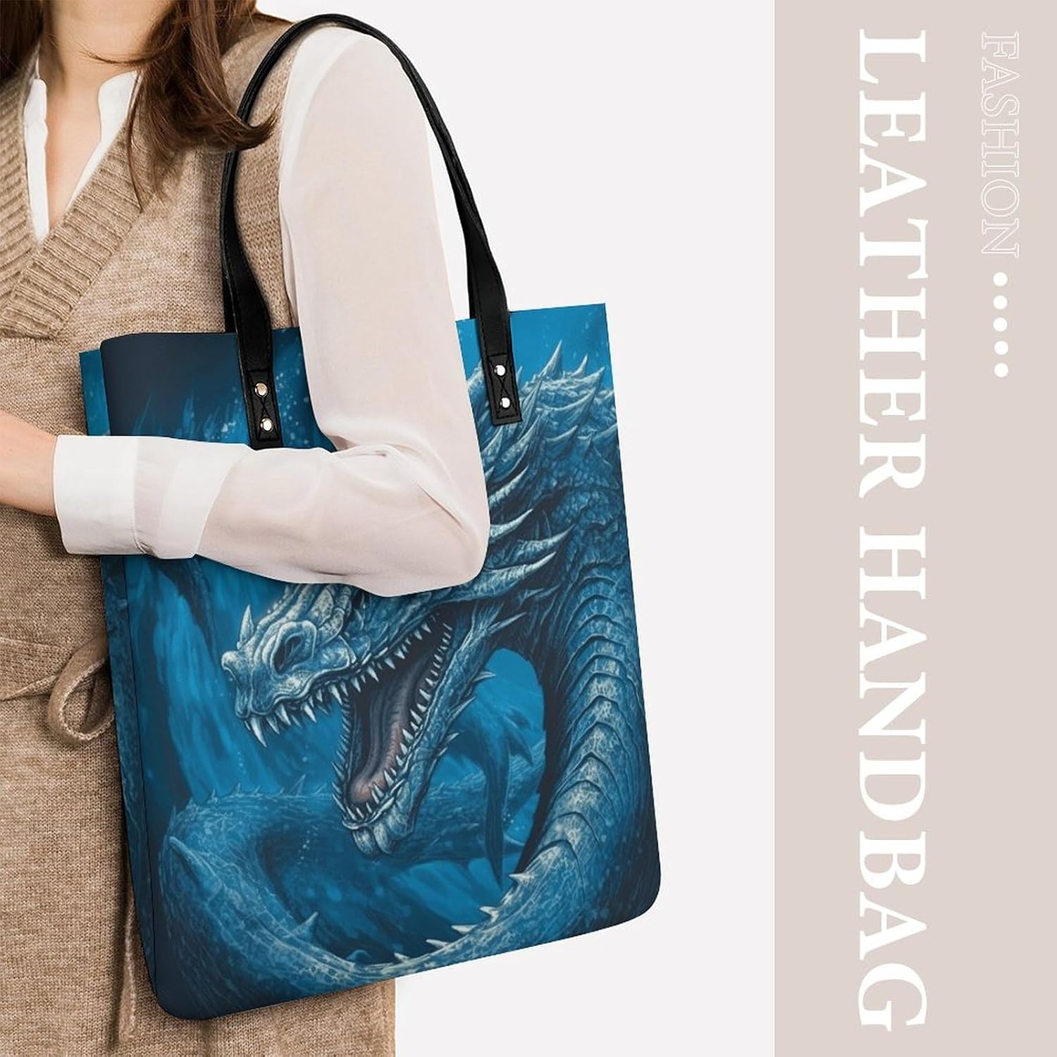 Dragon Cool Blue Tote Bag with Magnetic Buckle Reusable Grocery Bags Lightweight Cross Body Handbag for Daily Essentials