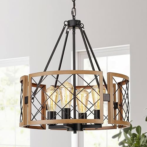 SANTOSTOCK D19'' Farmhouse Chandelier for Dining Room, 4-Light Adjustable Kitchen Island Lighting, Vintage Hanging Pendant Light Fixtures for Entryway Foyer Bedroom Hallway, Black & Dark Oak