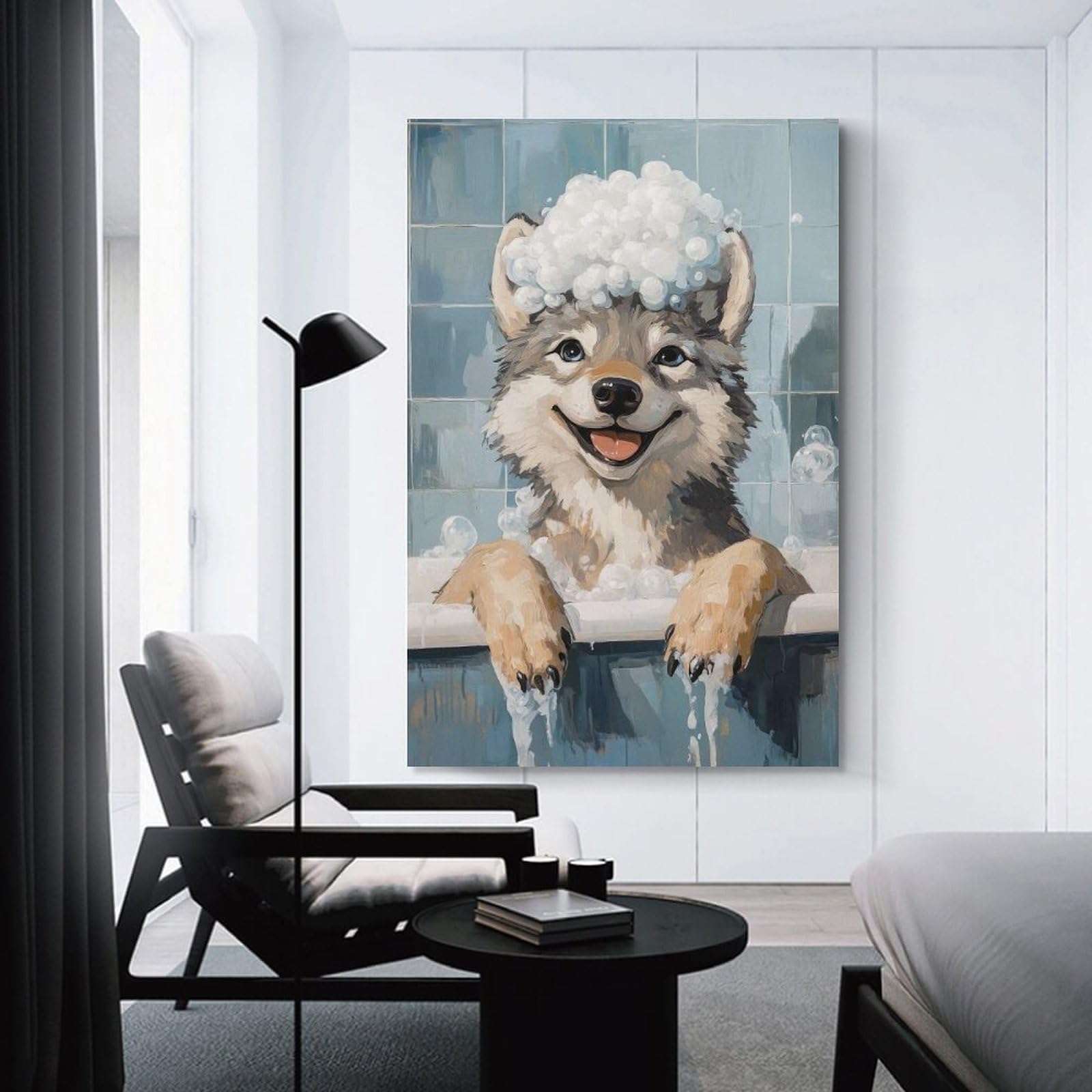 Junmoney Unframe-Style-23 Wolf In A Bubble Bath Canvas Art Print 12X18inch(30X45cm), For Feature Walls In Flats Or Modern Rooms, Ideal For Building A Coordinated Art Wall