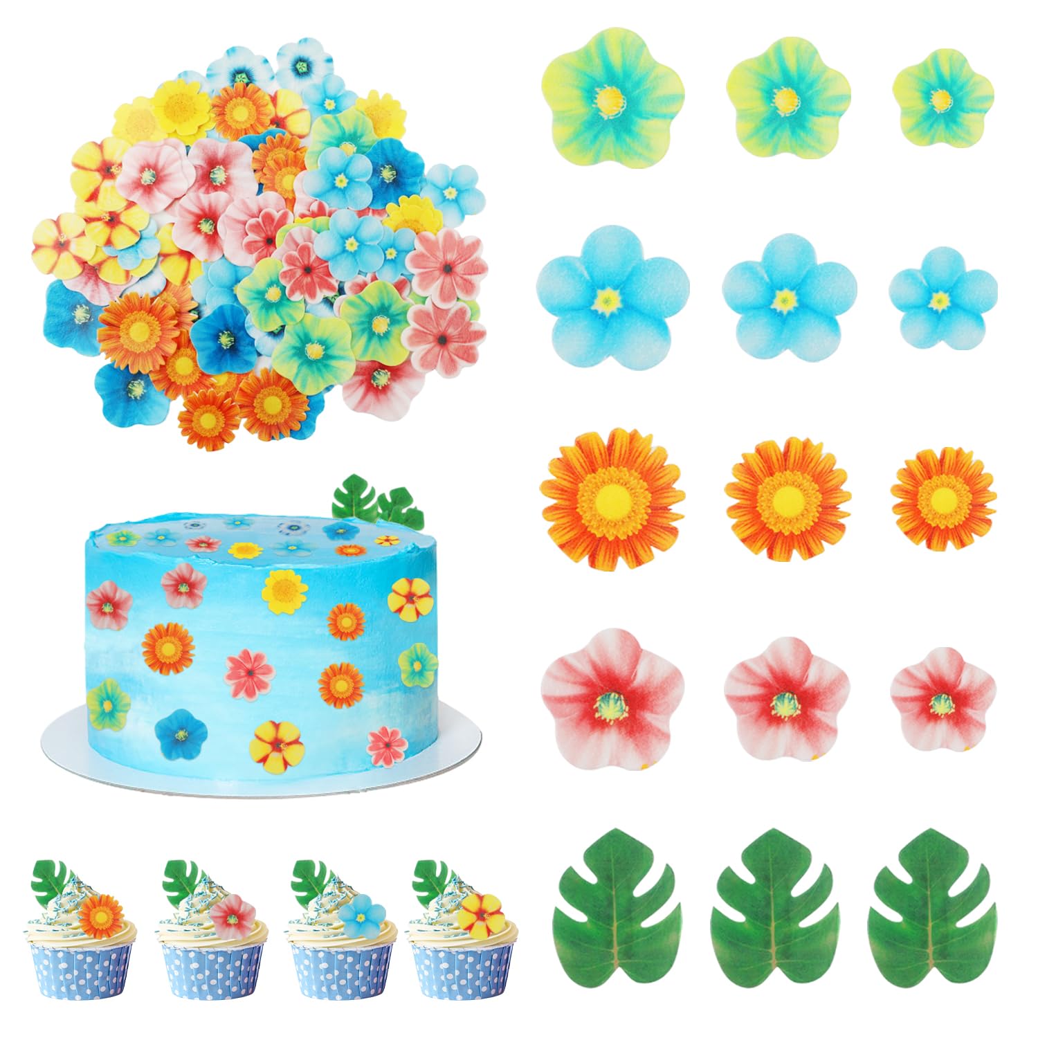 128Pcs Edible Flowers Cake Decorations &Tropical Turtle Leaves Cupcake Toppers, Multiple Colors & Sizes of Palm Leaves Cake Decoration For Hawaii