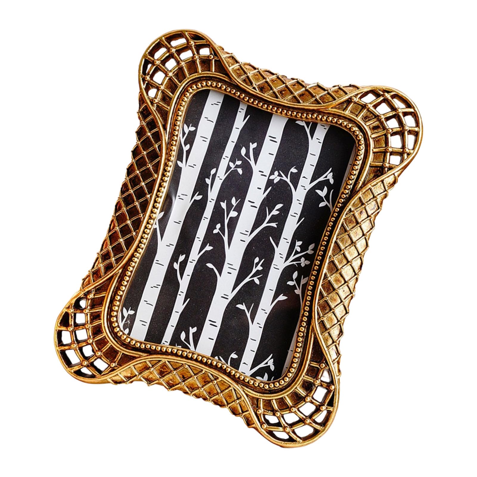 Ornate Photo Frame Resin Beaded Lattice Edges Picture Frame for Wall or Tabletop Display, Mantel Shelf & Holiday Home Decor Gold Ornate
