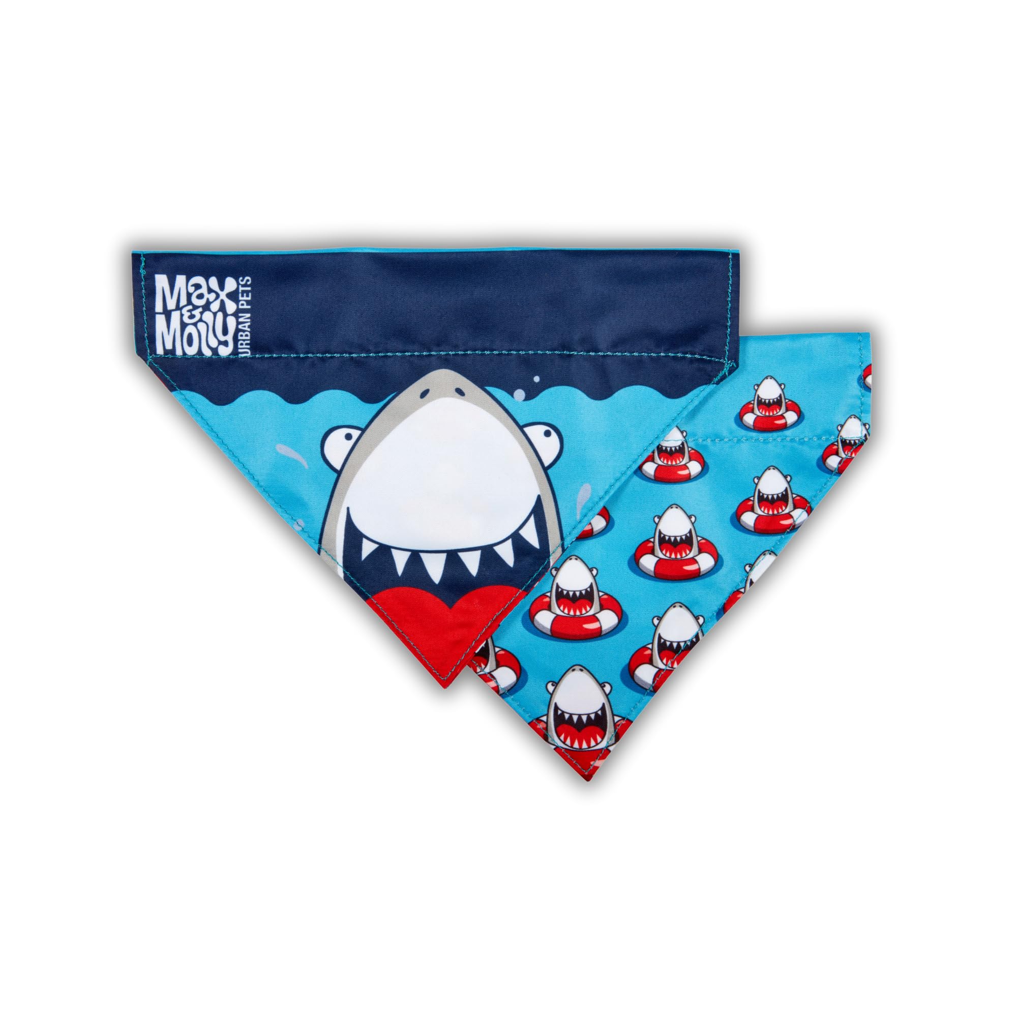 Max & Molly 2-in-1 No-Tie Reversible Pet Bandana for Collars - Vibrant Designs, Durable & Machine-Washable - Slide-On Fabric Accessory for Cats & Dogs - Stylish Scarf Bib, Sharks, M/L