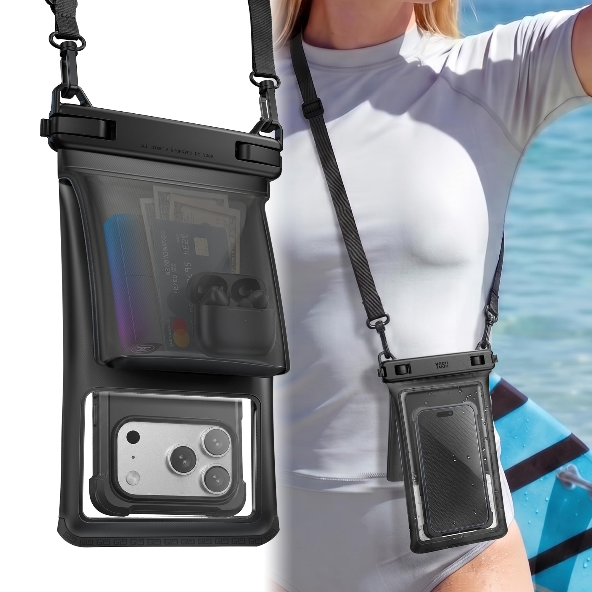 YOSH wasserdichte Handyhülle [2026 3D-Doppeltaschen][1 Stück], IPX8 Unterwasser Handyhülle zum Umhängen, 7,5 Zoll Wasserfeste Handytasche Waterproof Case für iPhone 17 16 Pro Max Samsung S26 S25 Ultra