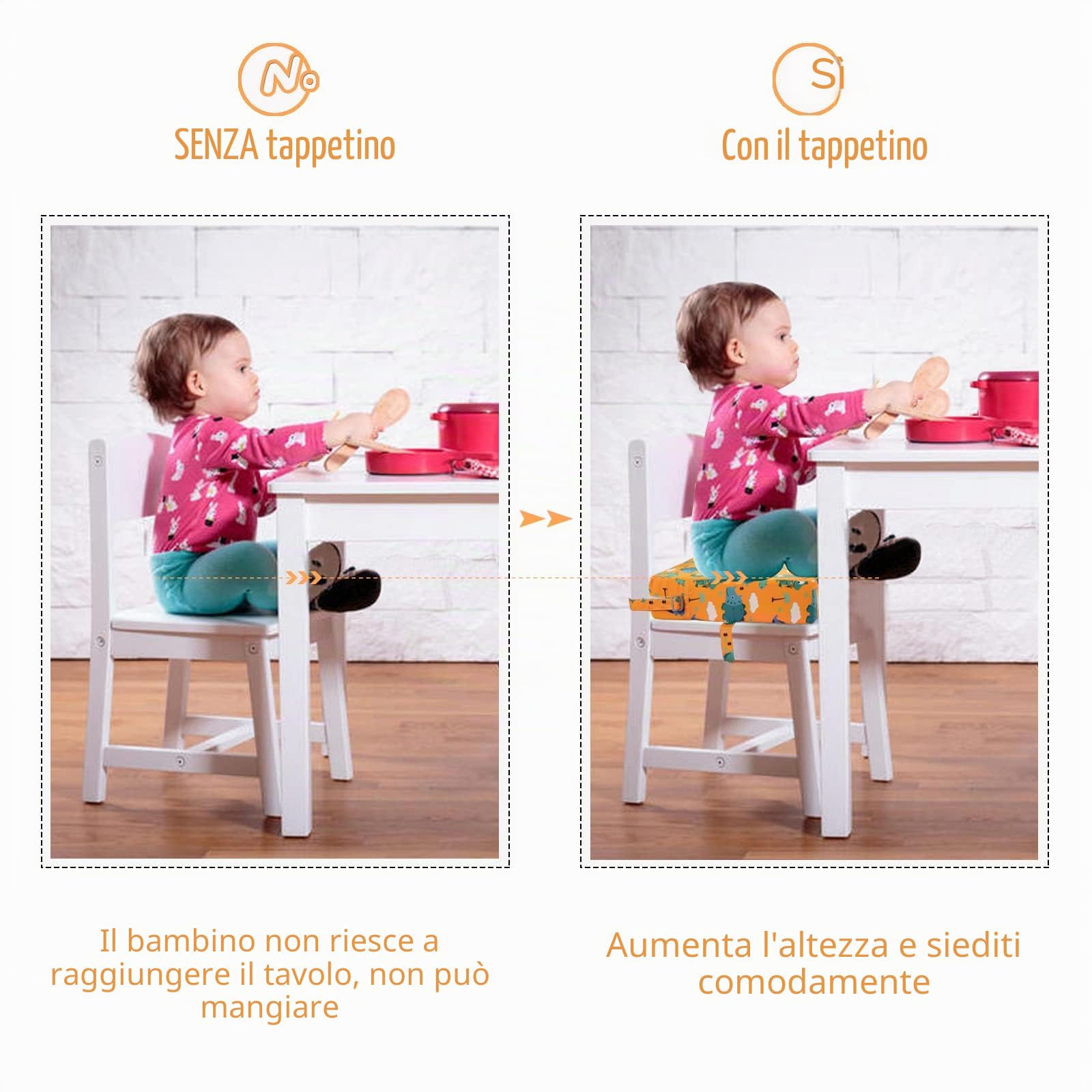 Rialzo Sedia Bambini - Cuscino Rialzo Sedia per Bambini,Supporto più Forte Fondo Antiscivolo Doppia Cinghia Sicura Cuscino(Arancione)