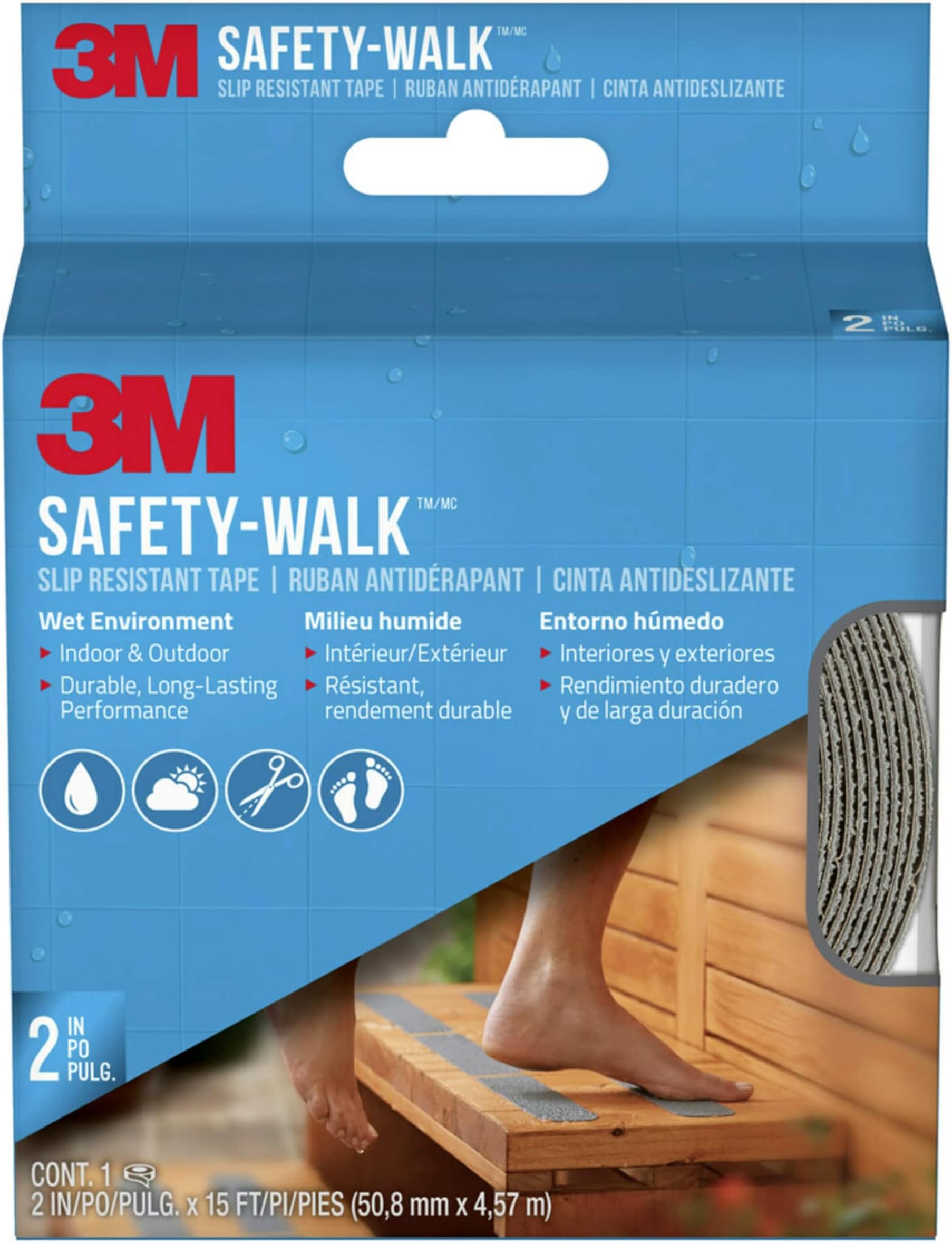 3M Safety-Walk Slip Resistant Tape, 2 in x 15 ft, Anti Slip Grey Tape, Ideal For Slippery & Wet Conditions, Self-Adhesive Backing, Quick & Easy Application, Durable & Long-Lasting (370G-R2X180)