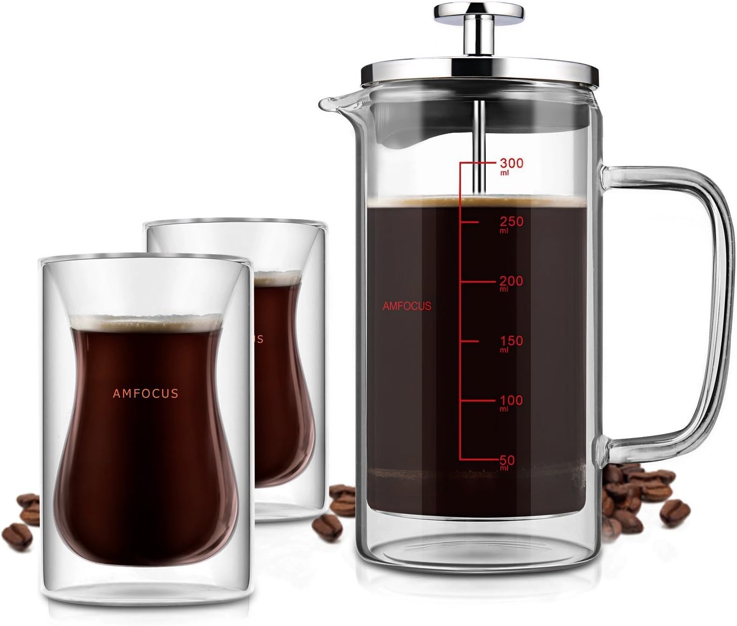 AMFOCUS French Press Coffee Tea Maker with 2 Espresso Cups|Double Wall|Stainless Steel Plunger,350ml/11oz