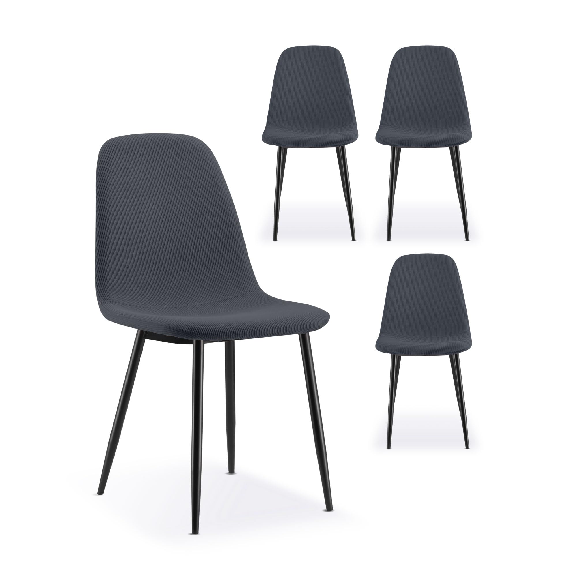 VonHaus Dining Chairs Set of 4 - Charcoal Blue Kitchen Chairs with Sturdy Black Metal Legs - Upholstered Cord Effect for Dining Room & Kitchen - Padded Backrest and Seat - Cavell