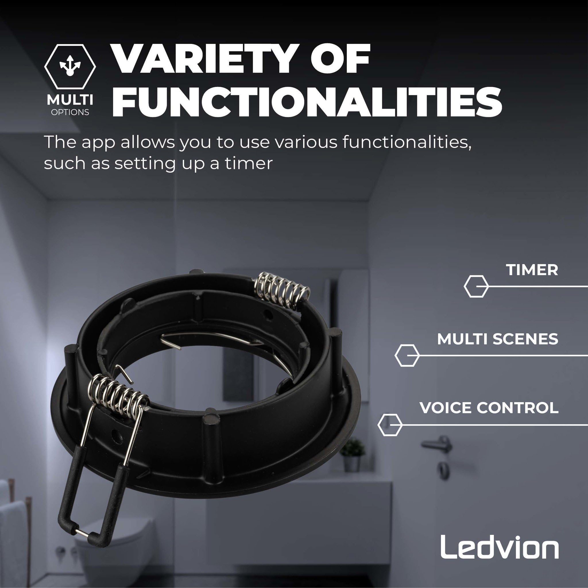 Ledvion LED Einbaustrahler 6er Set Rund Schwarz RGB dimmbar smart | Fuer trockene Innenraeume wie Wohnzimmer Kueche und Flur; Farbe und Helligkeit per App oder Smart Steuerung einstellbar