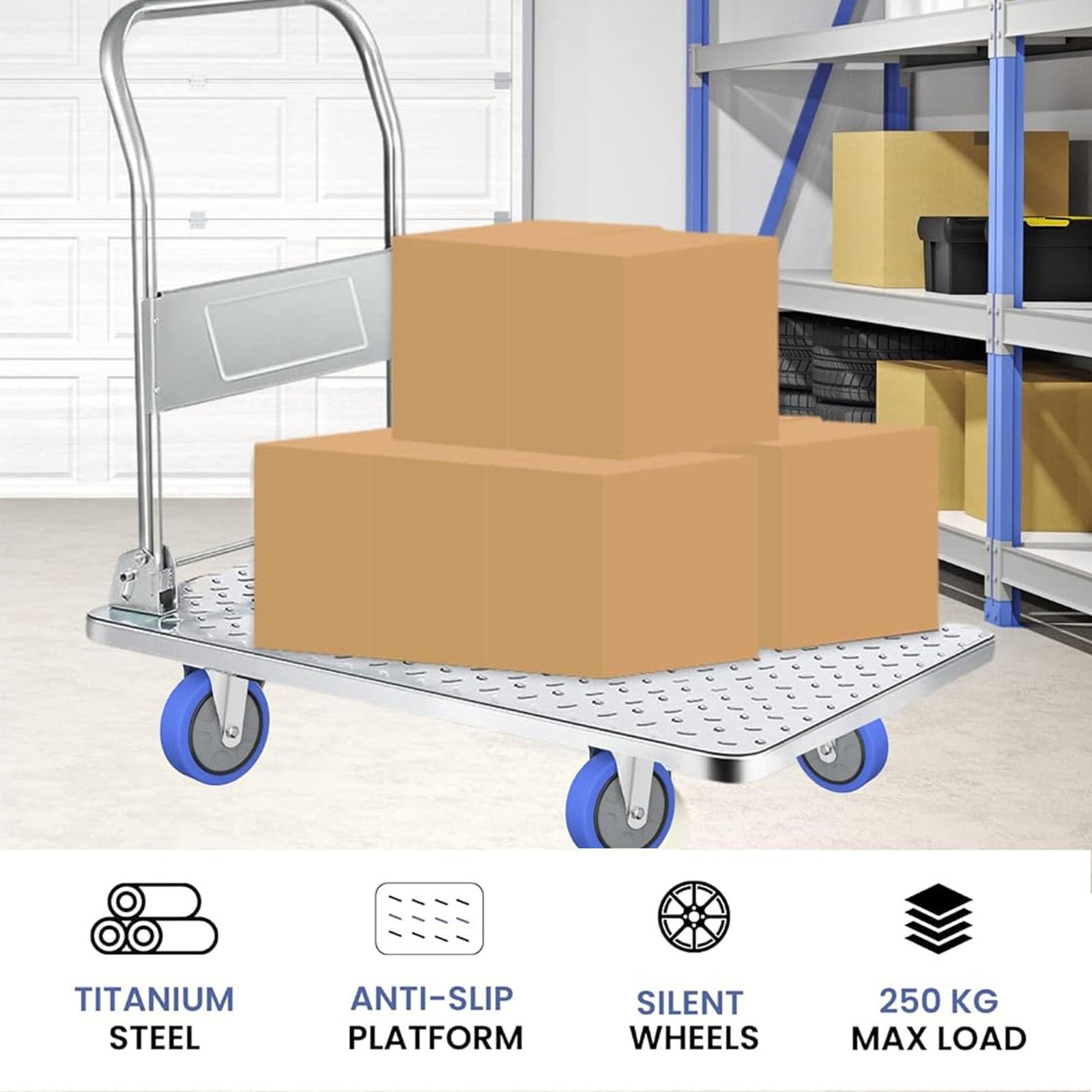 Carrello con Piattaforma Pieghevole Carrello di Spinta capacità 1100 kg Carrello di Trasporto Carrello con Ruote Carrello a Mano Mobile a Base Piatta Mobile Resistente in Acciaio(90x60CM)