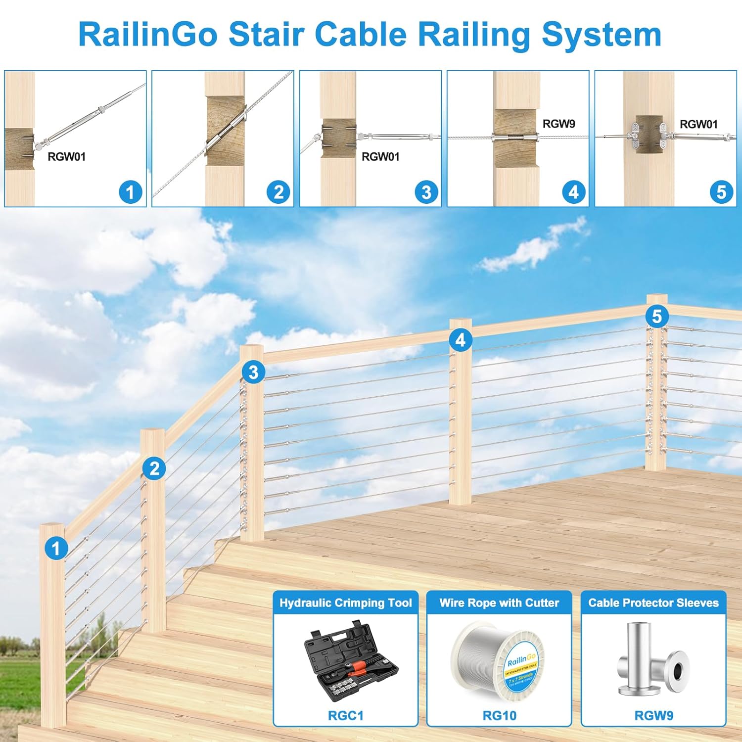 50 Pair 1/8" Adjustable Angle Stair Cable Railing Kits, Swage Toggle Turnbuckle Hardware for 2"x2", 4"x4" Wood Posts, Stainless Steel Wire Railing Kits, Deck Stair Railing System, RGW01