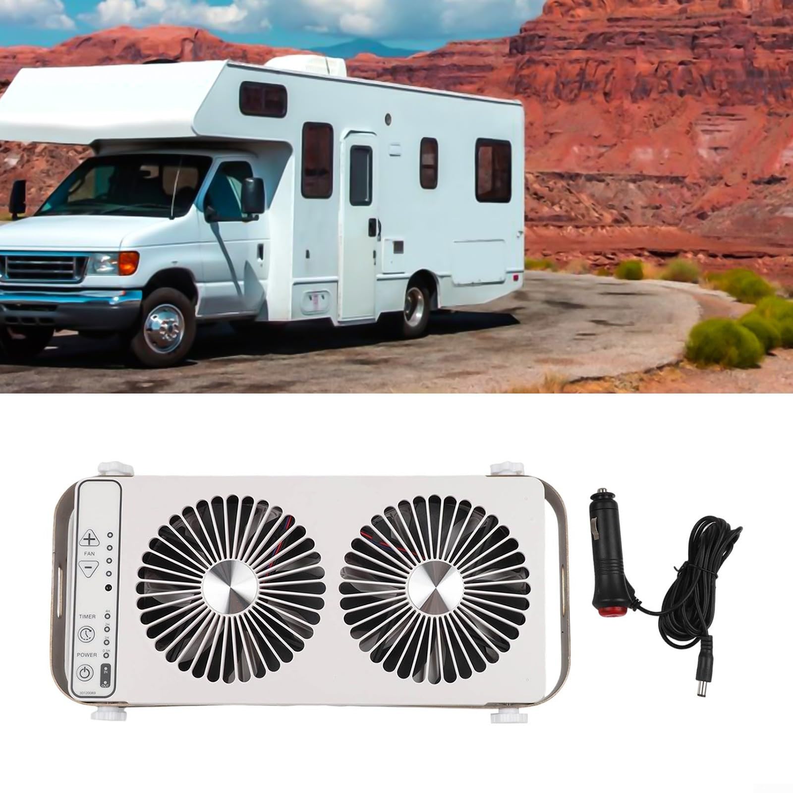 Ventola di ventilazione per lucernario a doppia fila per roulotte 12 V con 4 livelli regolabile pieghevole 37,5-58,9 cm cavo di ventilazione sistema di raffreddamento per camper autobus rimorchio