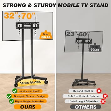 5Rcom Dual-Pole Rolling TV Stand for 32-75 inch LCD LED Flat & Curved TVs, Height Adjustable Portable TV Stand with Lockable Wheels, Mobile TV Cart up to 88lbs for Bedroom, Living Room, Outdoor