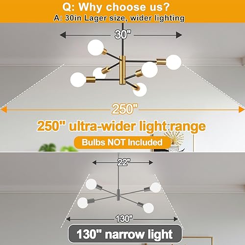 Miniatura 4 de Lámpara de araña de 30 pulgadas, lámpara de comedor de 6 luces, moderna Sputnik de color dorado cepillado y negro, lámpara de mediados de siglo