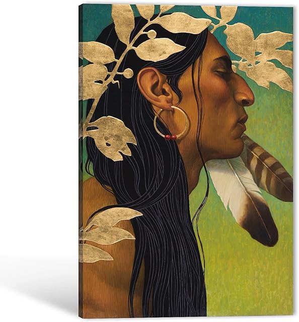 Native American Canvas Wall Art, Indian Feathers Chief Man Canvas Print for Home Wall Decor, Watercolor Indian Modern Artwork for Living Room Bedroom Decor-Framed Painting Ready to Hang (12x18 Inches)