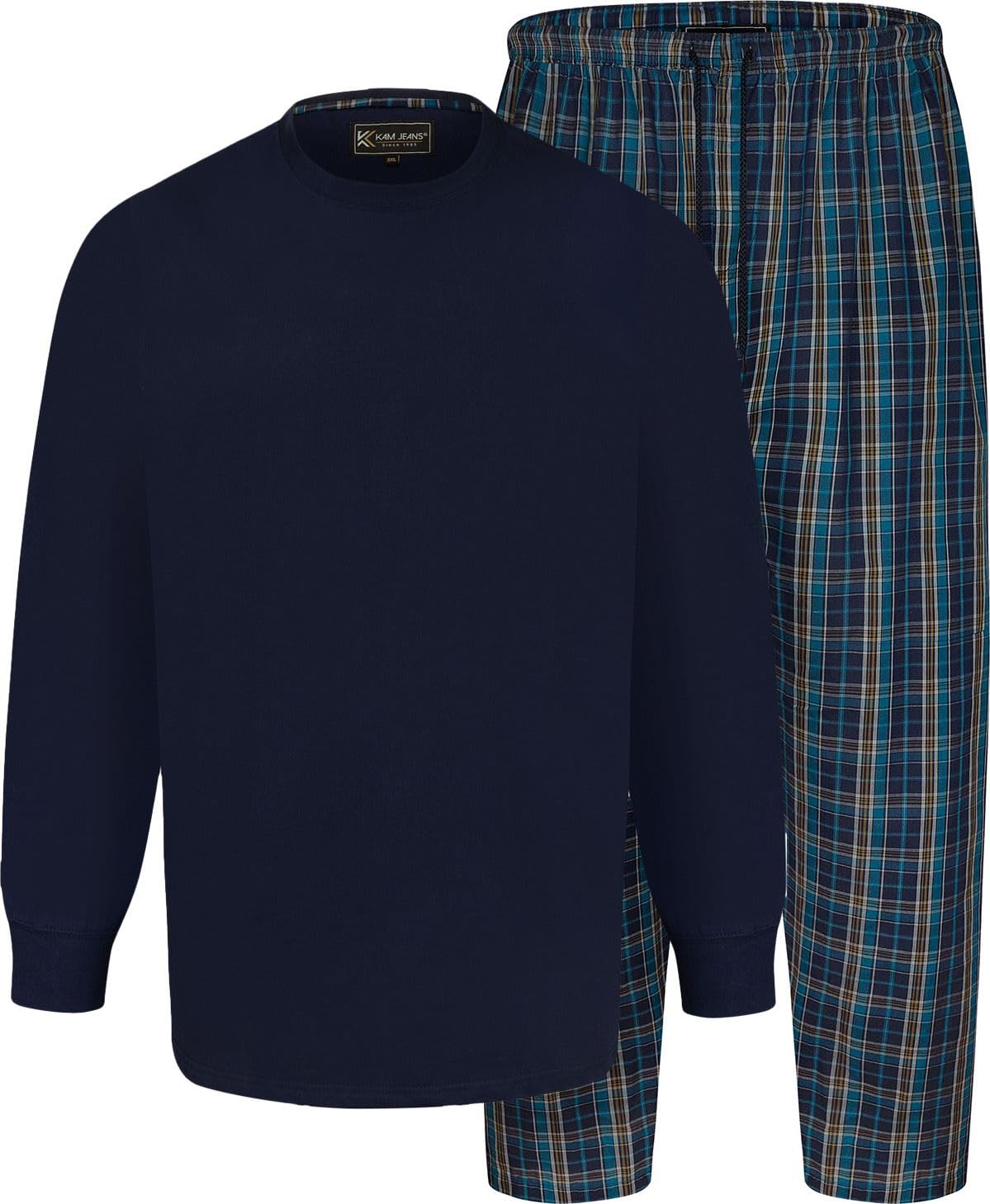 Kam Men's Blue Jeanswear Long Sleeve Tee With Checked Pant Pyjama Set - 7XL