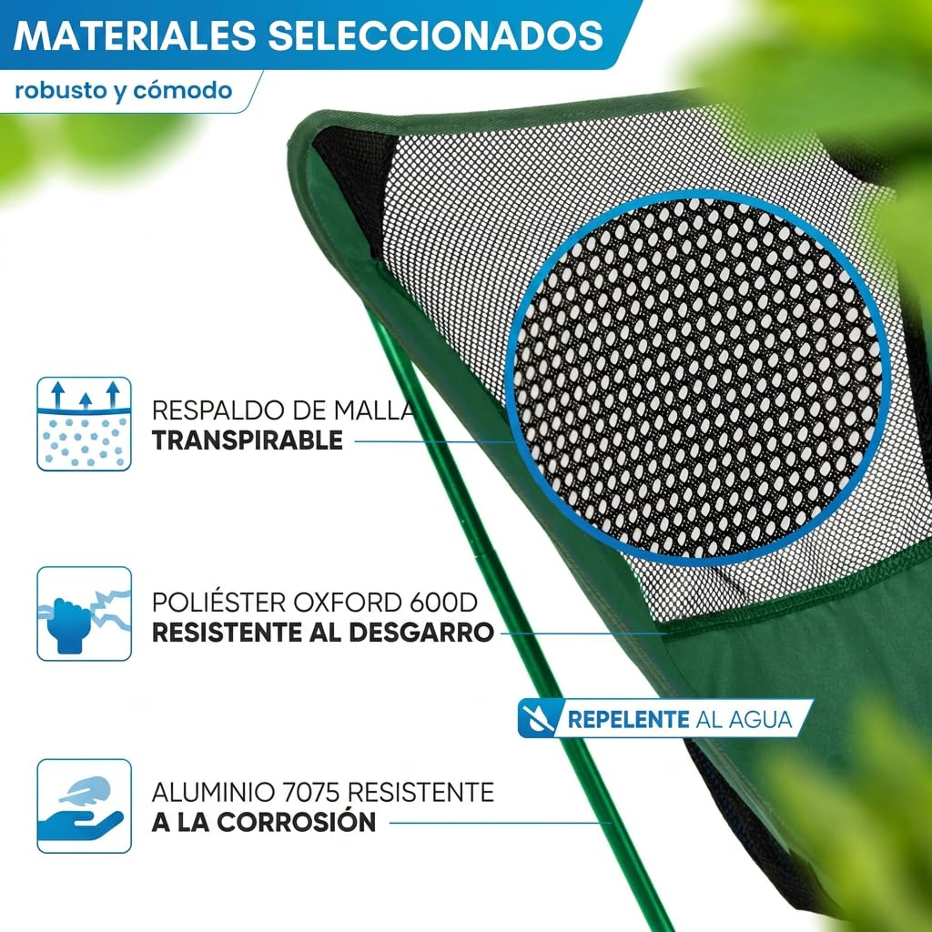 NORDMUT® Silla de Camping compacta y Ultraligera – pequeña con Capacidad de 150 kg – Silla Plegable de Aluminio Ligera para Camping, Outdoor y Festivales (2, Verde)