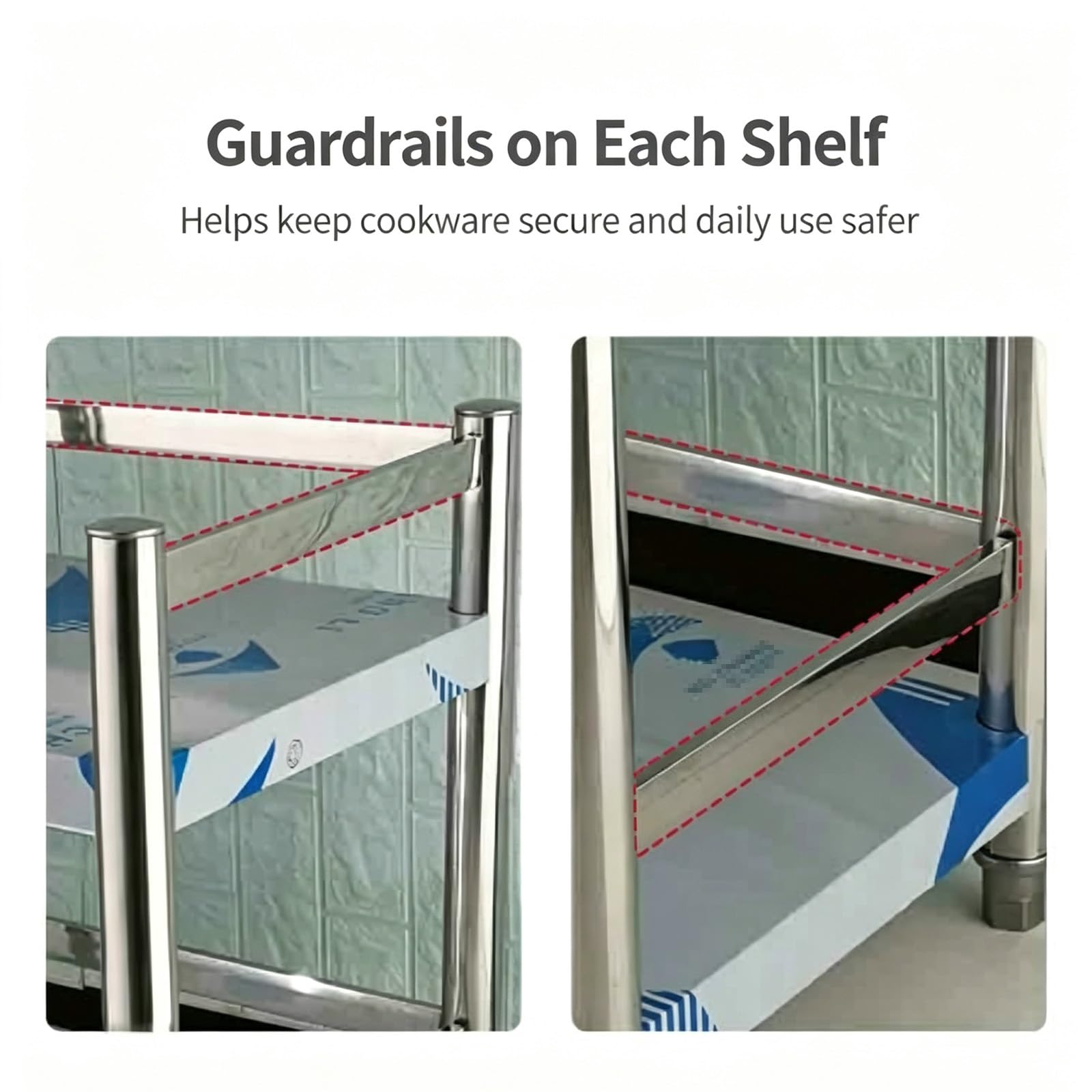 Scaffale mobile della cucina dell'acciaio inossidabile, tavolo della preparazione con le guardrail
