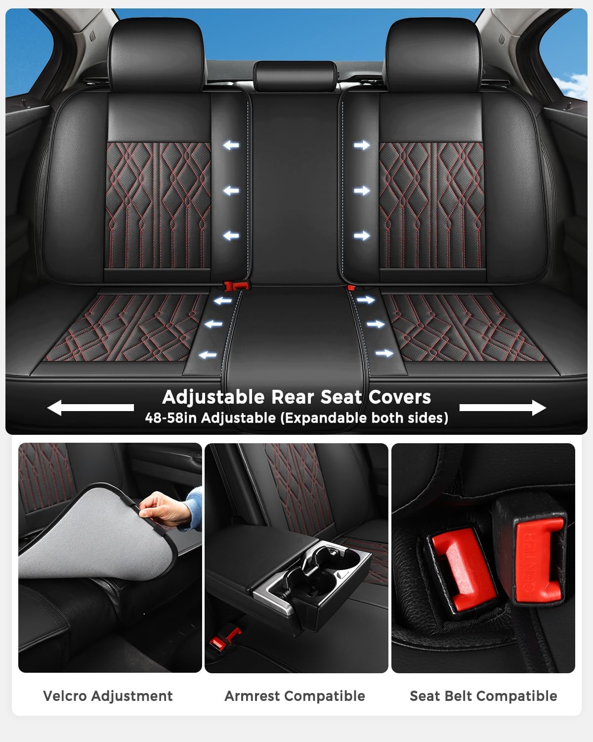 Huidasource Leather Back Row Seat Covers, Waterproof Rear Split Bench Car Seat Covers, Vehicle Seat Cushion Cover Protector Universal Fit for Most Cars Sedan SUV Pickup Truck(Back Row/Black&Red)