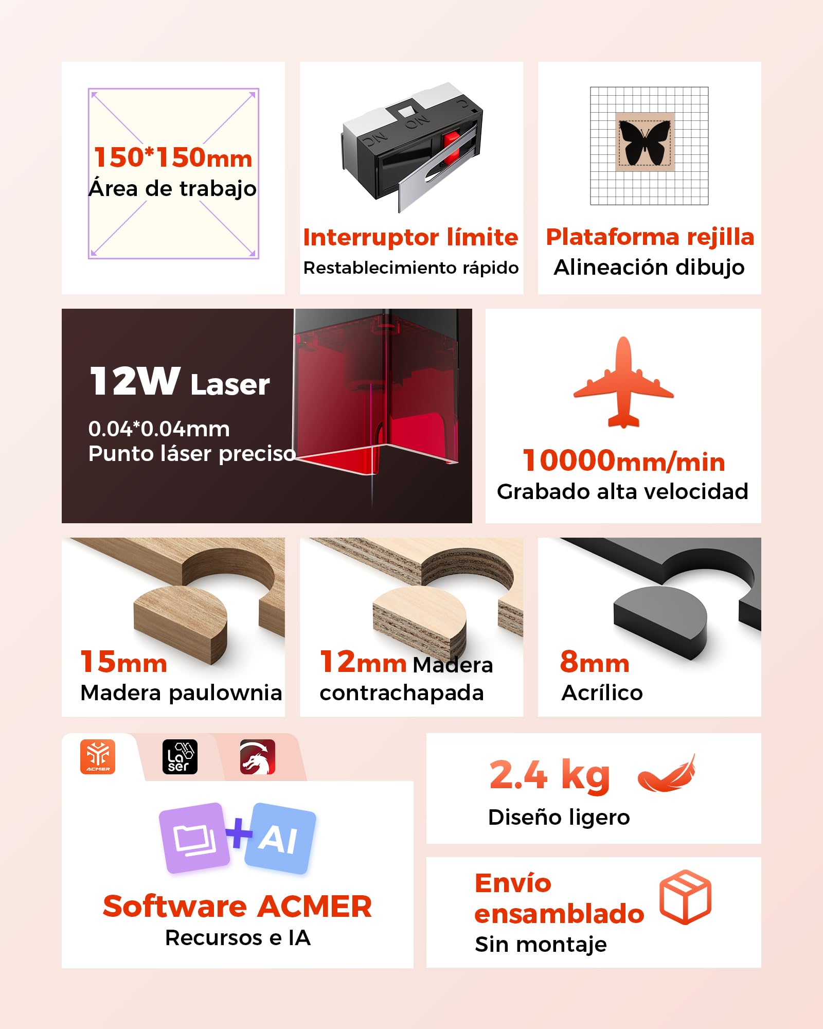 ACMER K1 12W Máquina de grabado láser, máquina láser cerrada Clase 1 con extracción de humo, cortador y grabador láser de precisión 0,01 mm para bricolaje, madera,metal y fabricación de regalos