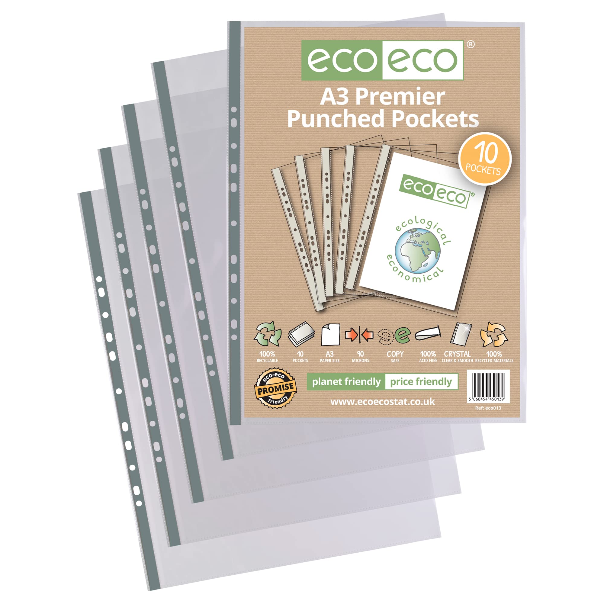 eco-eco Eco013x20 - Buste trasparenti con fori multipli, formato A3, 100% riciclate, in poliestere, 90 micron, confezione da 200