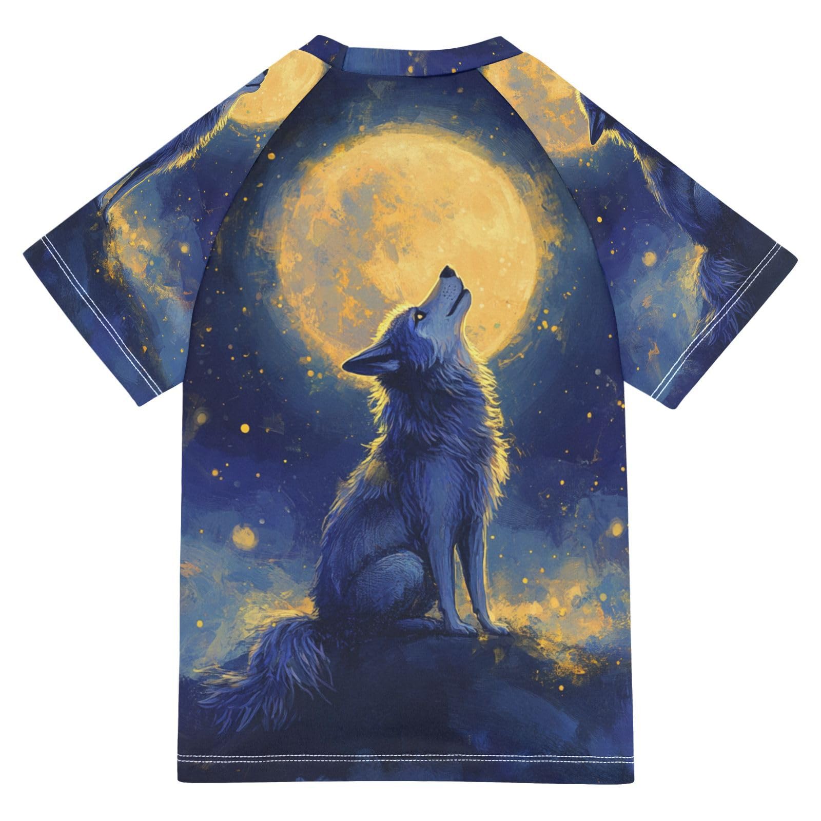 Jucciaco Boys Swing Shirts Wolf Starlit Sky Moon Rashguard Short Sleeve Kids T-Shirts Sun UPF 50+ Multicoloured