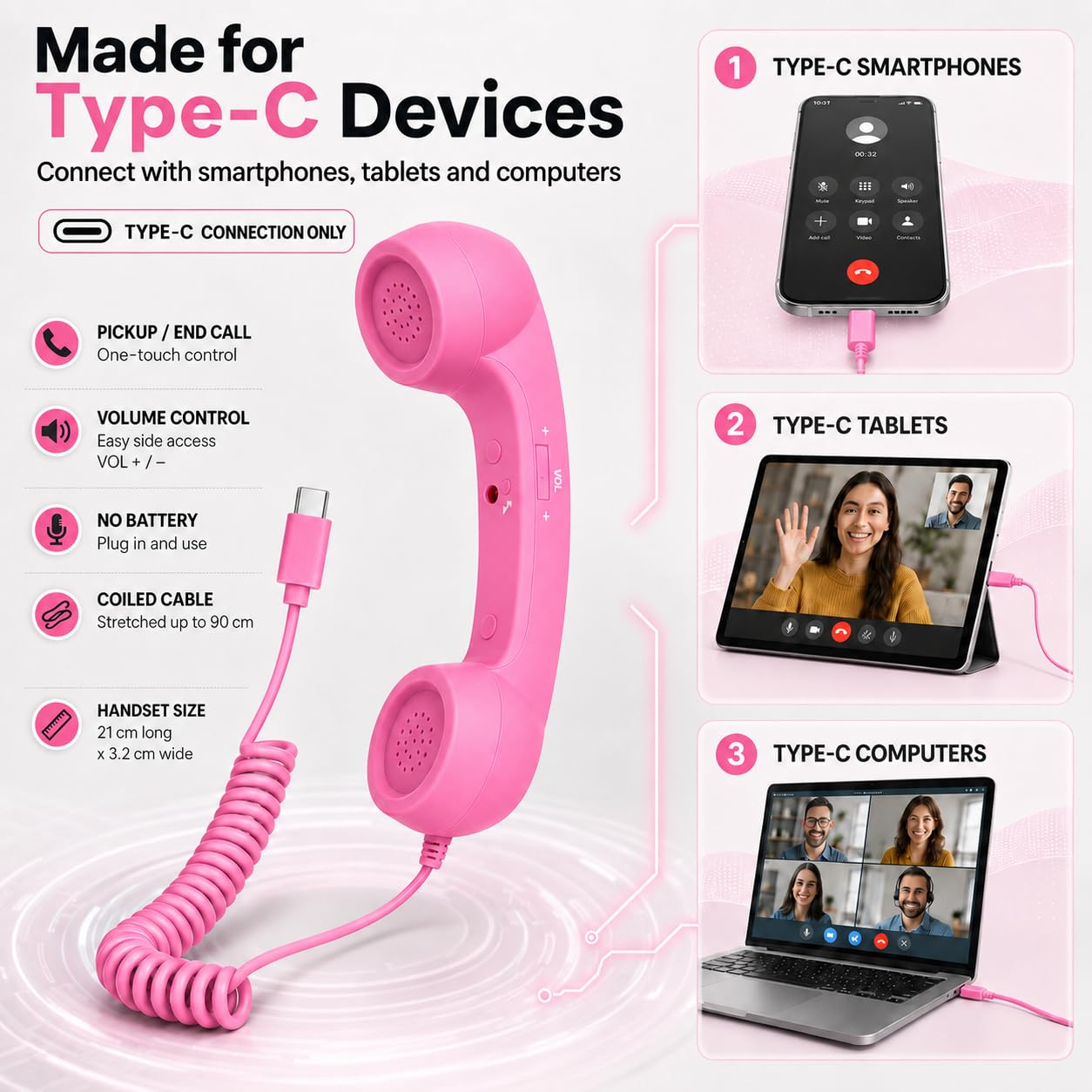 Street27 Retro Phone Handset Compatible with Type-C Smartphones, Tablets & Computers, Corded Telephone Receiver with Noise Reduction, Volume Control & Answer Button for Calls and Meetings (Pink) — Amazon image 2
