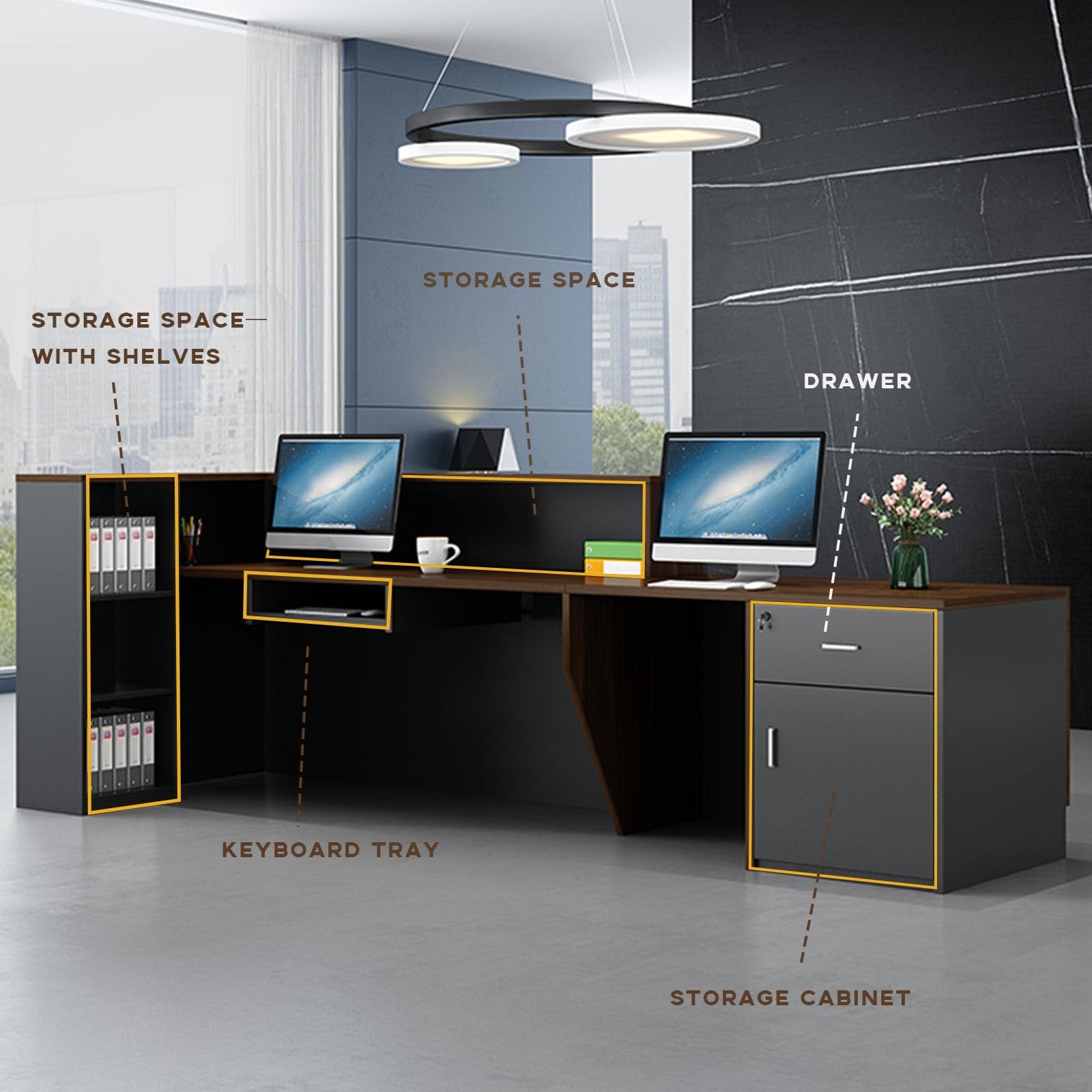 Empfangstheke Rezeptionstheken Counter für Büro | Moderne Empfangstheke mit Stauraum und Tastaturablage für Büros, Salons, Hotels und Praxen.(White/Right,180cm)
