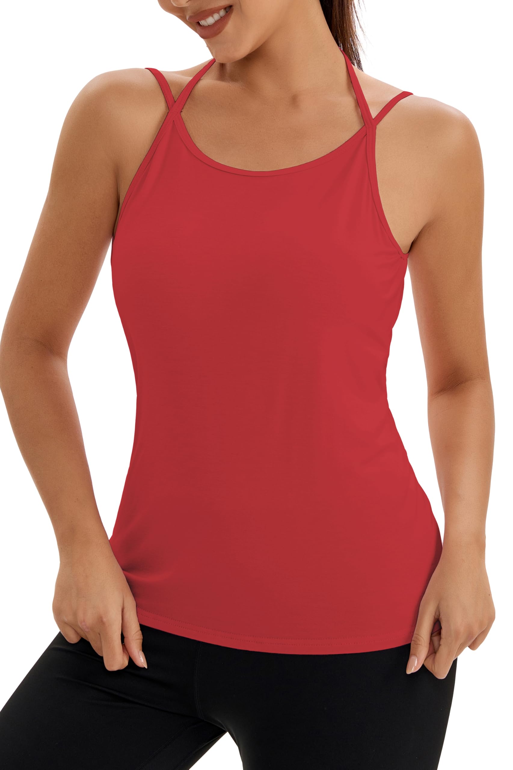 Bestisun Camiseta de yoga con espalda abierta y tirantes delgados para mujer