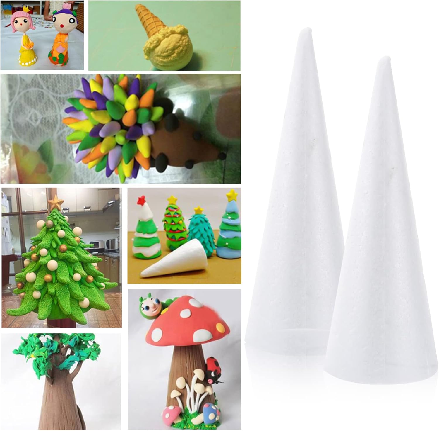 Sewroro 2pcs White Foam Cones Foam Tree Cones for DIY Crafts,Foam Polystyrene Cone Tree for Christmas Tree Table Centerpiece Flower Arrangement Props Foam Balls