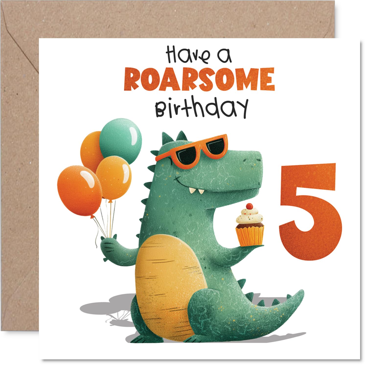 Playful 5th Birthday Card - Roarsome Fun Awaits - Green Dinosaur with Balloons and Cupcake Illustration - Bursting with Birthday Cheer - 145mm Square, Envelope Included
