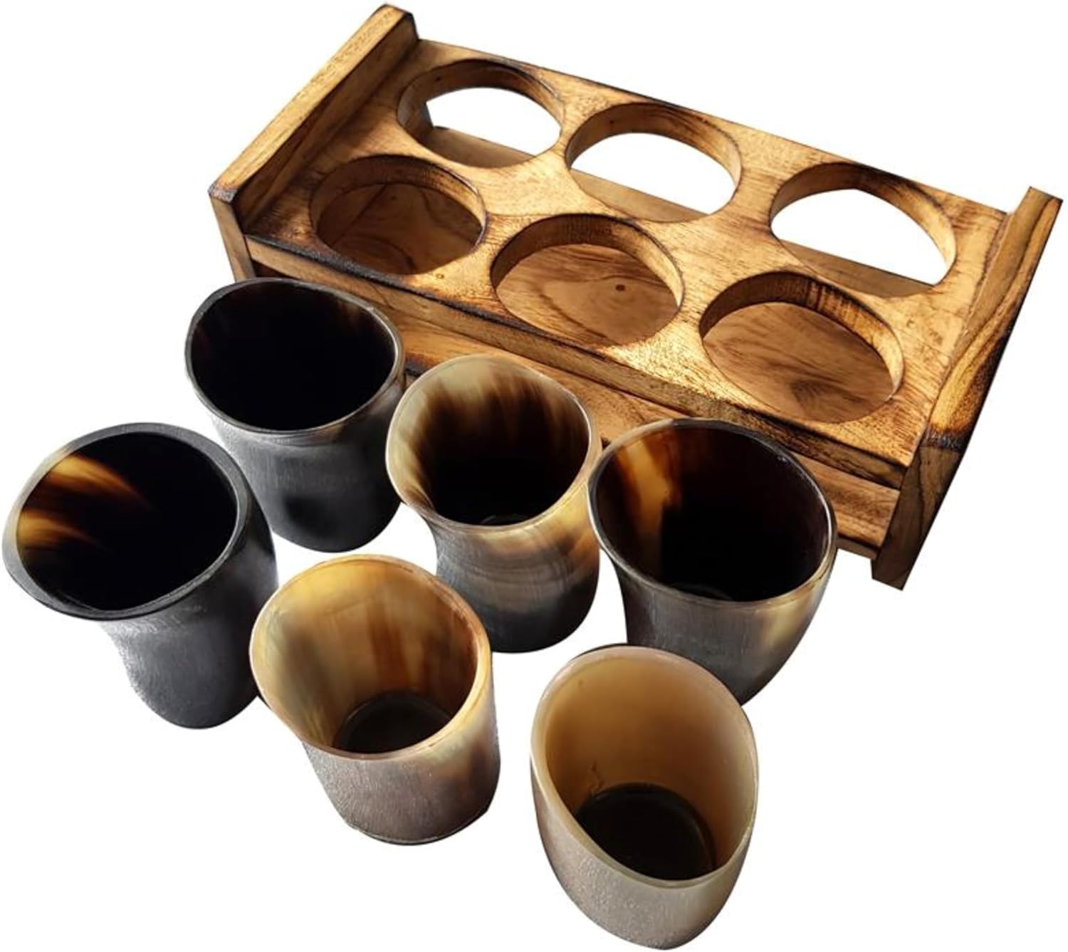Viking Drinking Horn Mug Set of 6 with Wooden Stand – Handmade Ale Beer Glasses, Medieval Nordic Drinkware, Rustic Bar Decor, Viking Gift for Men