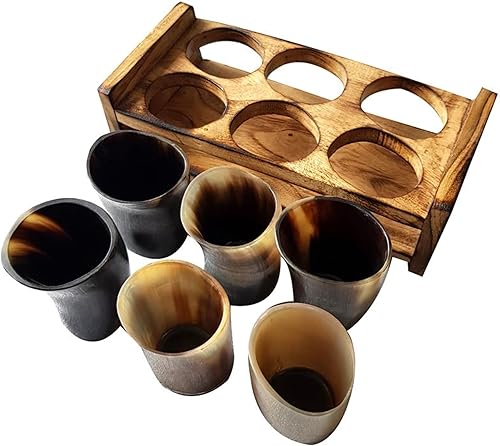 Viking Drinking Horn Ale - Juego de 6 vasos de cerveza hechos a mano, medievales, auténticos, ceremoniales, con soporte de madera