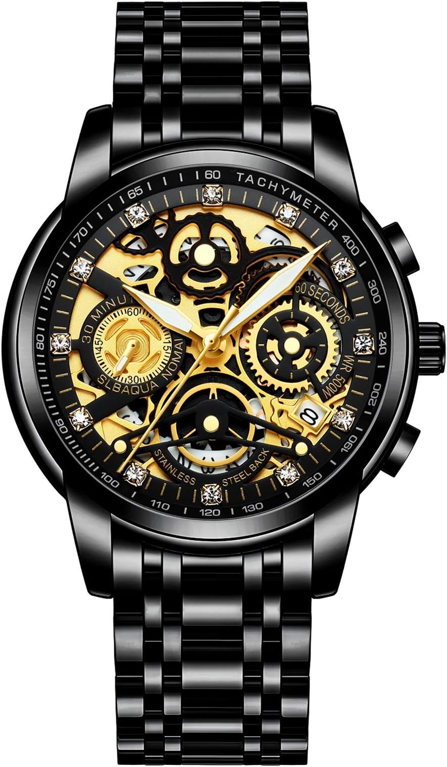 Watches for Men with Stainless Steel, Quartz Analog Watch with Date, Luxury Minimalist Dress Mens Watches, Chronograph Watch, 3ATM Waterproof, Black Wristwatch, Gifts for Men