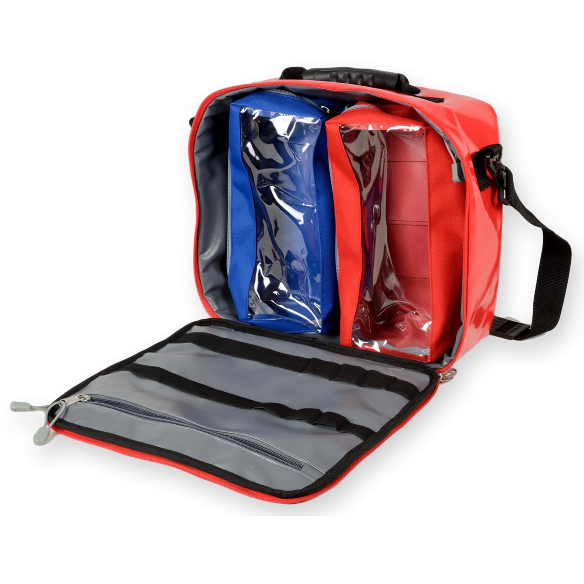 GIMA Sac d'urgence CUBO pour sauveteurs vide, en polyester, revêtu de PVC, couleur rouge, dimensions 28 x 34 x 13 cm, avec bandoulière, poche zippée intérieure et extérieure et 2 sacs à main amovibles