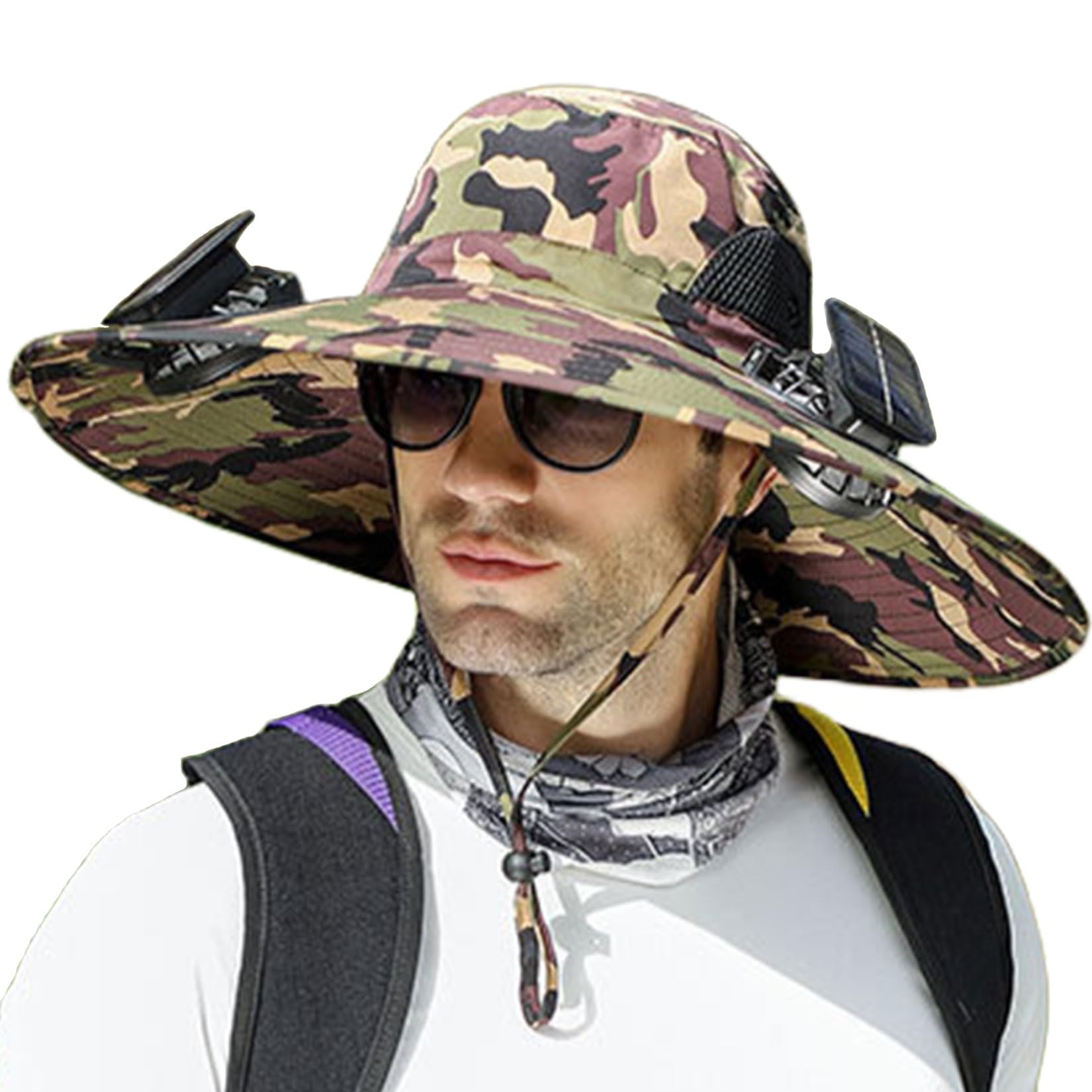 Men Sun Hat with 2 Solar Fan UPF 50+ Fishing Hats Wide Brim UV Protection Sun Hat, USB Charging