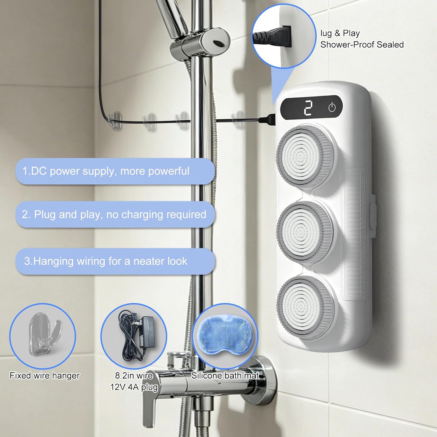 Electric Back Scrubber for Shower Wall, Shower Back Scrubber Wall Mounted