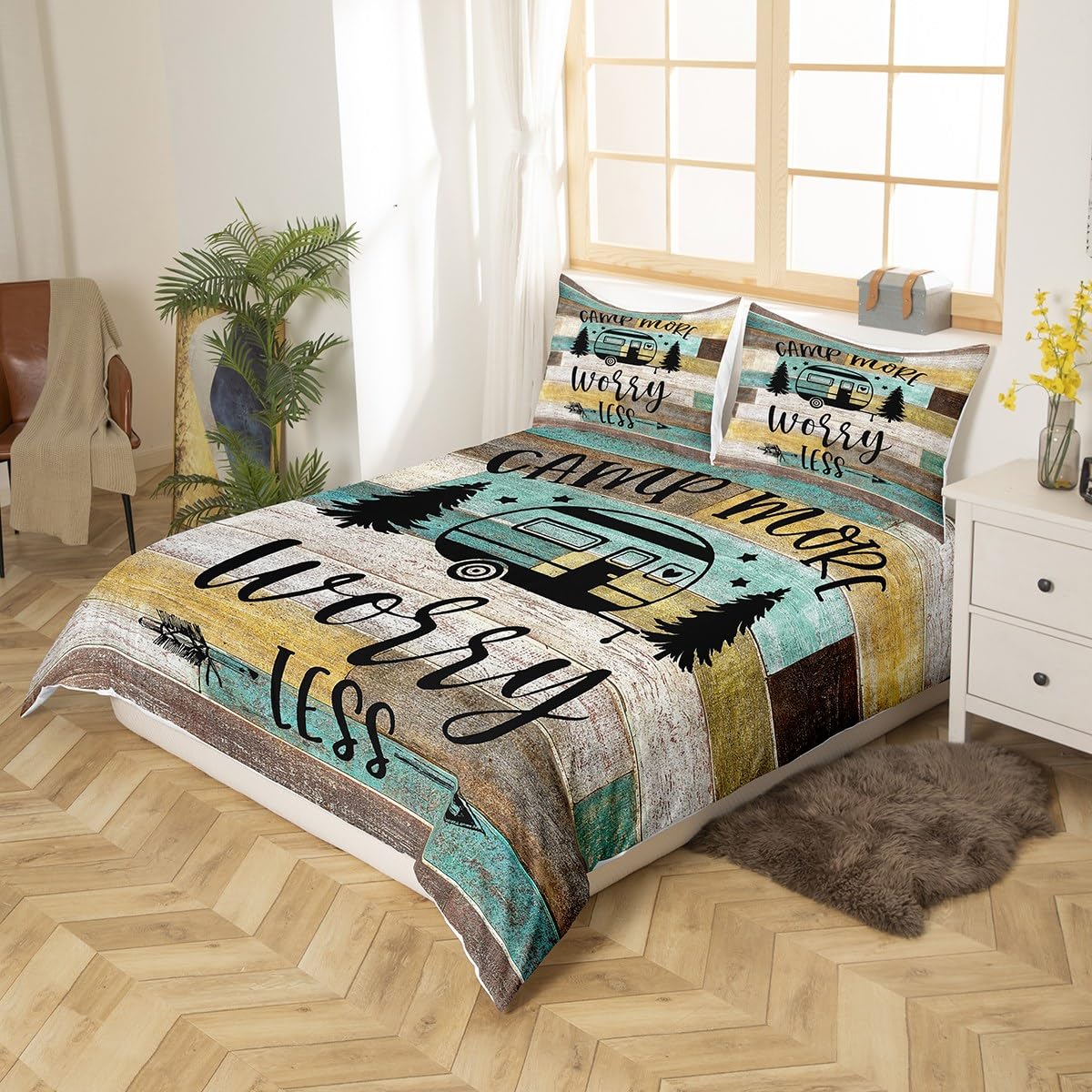 Set di biancheria da e ideale per campeggio, piumino, per fattoria, rimorchi per camper e camper, per camera rustica, in legno, con Trapunta e set da 3 pezzi, per230x220cm
